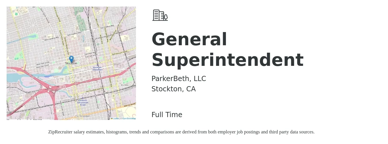 ParkerBeth job posting for a General Superintendent in Stockton, CA with a salary of $74,800 to $121,700 Yearly with a map of Stockton location.