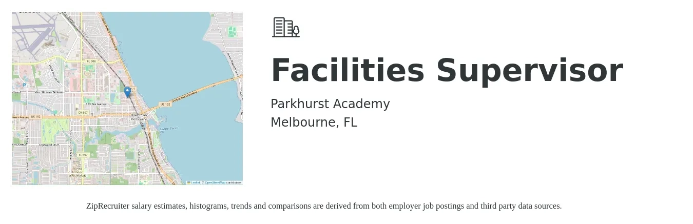 Parkhurst Academy job posting for a Facilities Supervisor in Melbourne, FL with a salary of $50,100 to $83,000 Yearly with a map of Melbourne location.