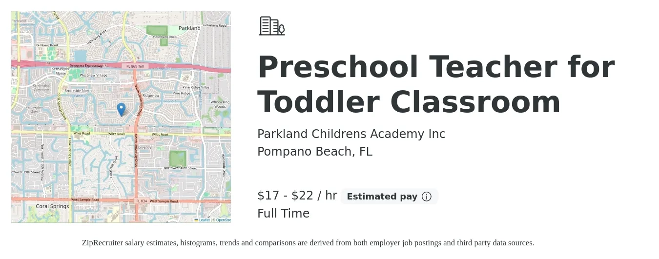 Parkland Childrens Academy Inc job posting for a Preschool Teacher for Toddler Classroom in Pompano Beach, FL with a salary of $18 to $23 Hourly with a map of Pompano Beach location.