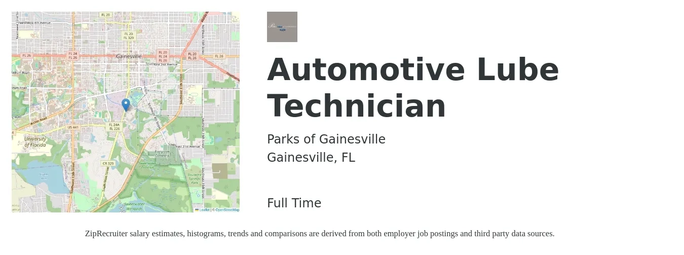 Parks of Gainesville job posting for a Automotive Lube Technician in Gainesville, FL with a salary of $13 to $18 Hourly with a map of Gainesville location.