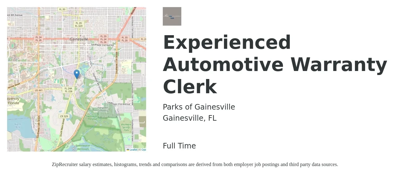 Parks of Gainesville job posting for a Experienced Automotive Warranty Clerk in Gainesville, FL with a salary of $15 to $16 Hourly with a map of Gainesville location.