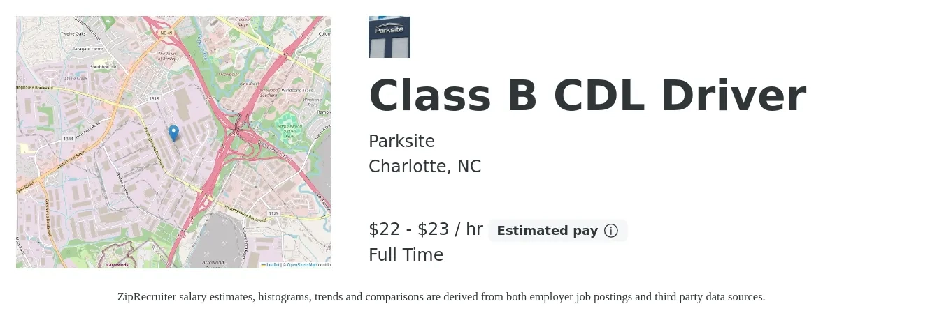 Parksite job posting for a Class B CDL Driver in Charlotte, NC with a salary of $23 to $24 Hourly with a map of Charlotte location.