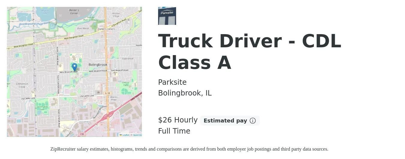 Parksite job posting for a Truck Driver - CDL Class A in Bolingbrook, IL with a salary of $28 Hourly with a map of Bolingbrook location.