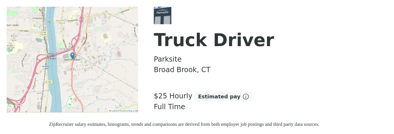 Parksite job posting for a Truck Driver in Broad Brook, CT with a salary of $27 Hourly with a map of Broad Brook location.