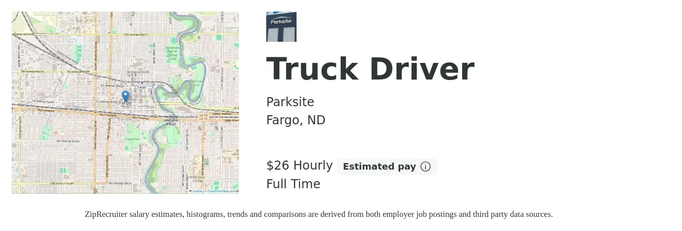 Parksite job posting for a Truck Driver in Fargo, ND with a salary of $28 Hourly with a map of Fargo location.
