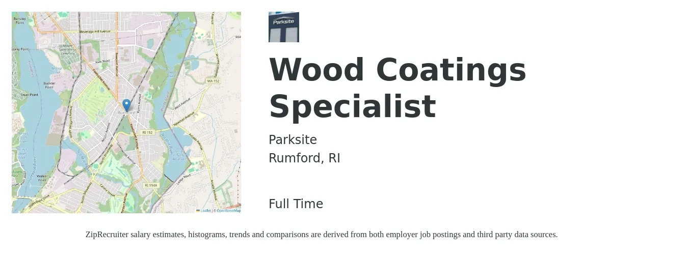 Parksite job posting for a Wood Coatings Specialist in Rumford, RI with a map of Rumford location.