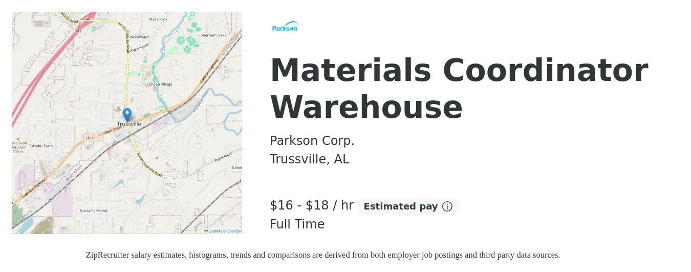 Parkson Corp. job posting for a Materials Coordinator Warehouse in Trussville, AL with a salary of $18 to $19 Hourly with a map of Trussville location.