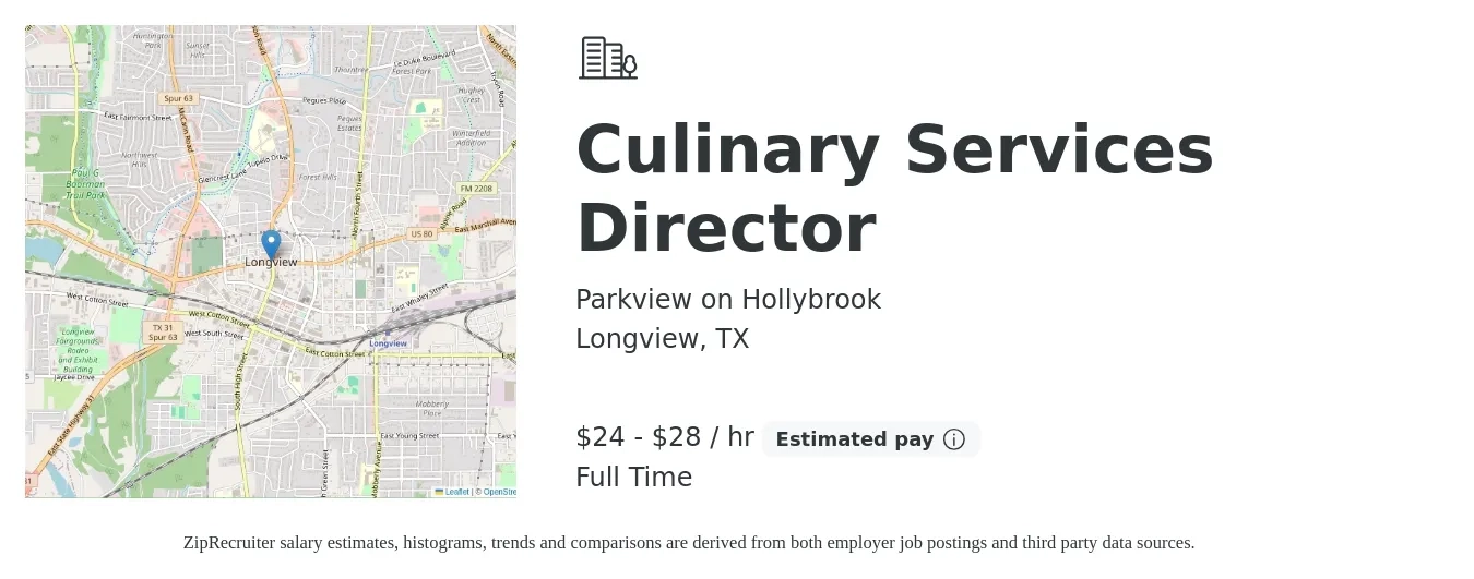 Parkview on Hollybrook job posting for a Culinary Services Director in Longview, TX with a salary of $25 to $30 Hourly with a map of Longview location.
