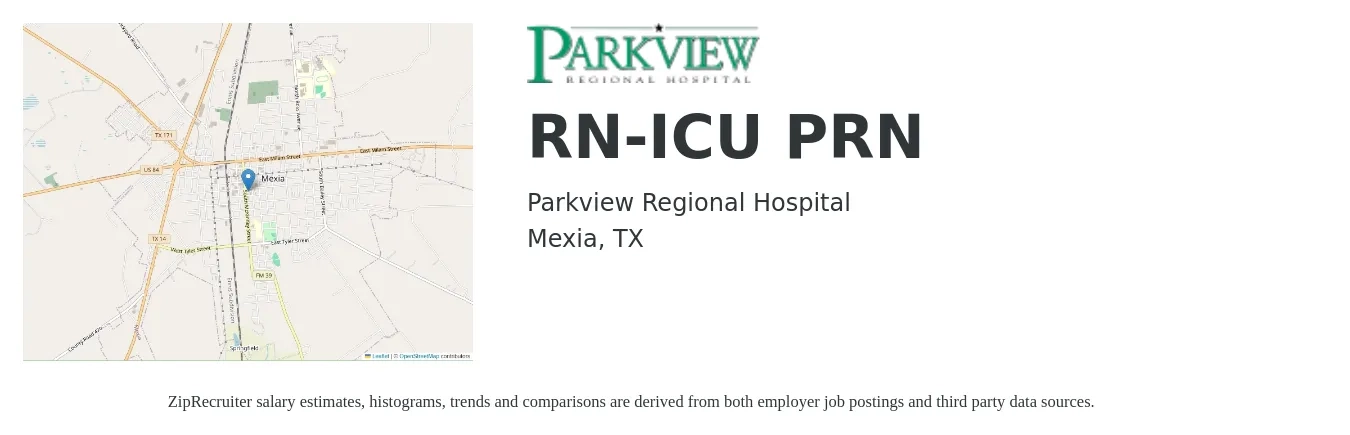 Parkview Regional Hospital job posting for a RN-ICU PRN in Mexia, TX with a salary of $1,580 to $2,220 Weekly with a map of Mexia location.