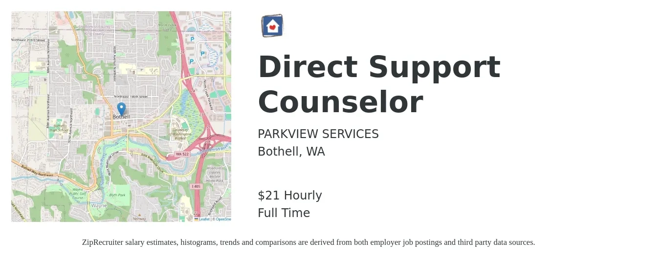 PARKVIEW SERVICES job posting for a Direct Support Counselor in Bothell, WA with a salary of $22 Hourly with a map of Bothell location.