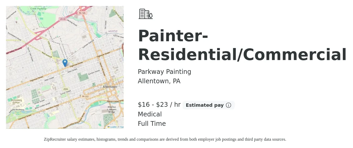 Parkway Painting job posting for a Painter-Residential/Commercial in Allentown, PA with a salary of $17 to $24 Hourly and benefits including medical with a map of Allentown location.