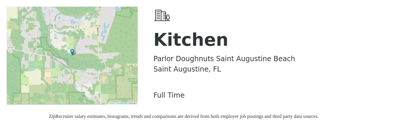 Parlor Doughnuts Saint Augustine Beach job posting for a Kitchen in Saint Augustine, FL with a salary of $34,000 to $54,500 Yearly with a map of Saint Augustine location.