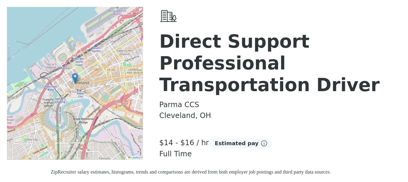 Parma CCS job posting for a Direct Support Professional Transportation Driver in Cleveland, OH with a salary of $15 to $17 Hourly with a map of Cleveland location.