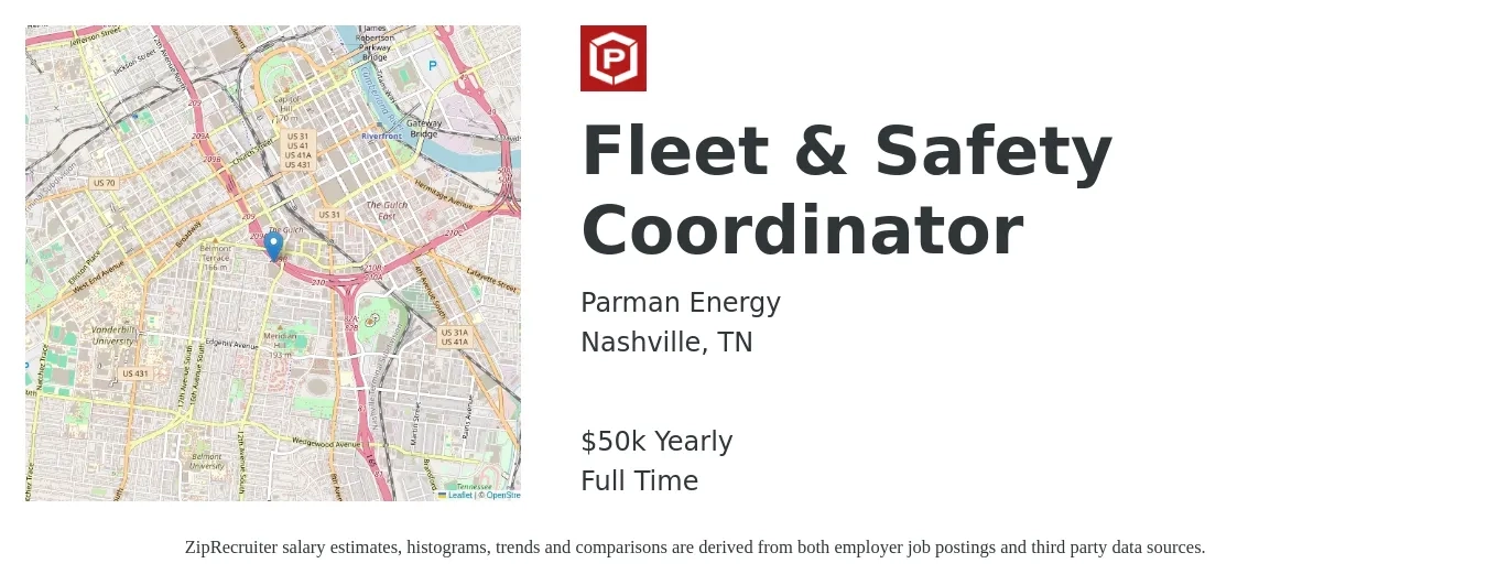 Parman Energy job posting for a Fleet & Safety Coordinator in Nashville, TN with a salary of $50,000 Yearly with a map of Nashville location.