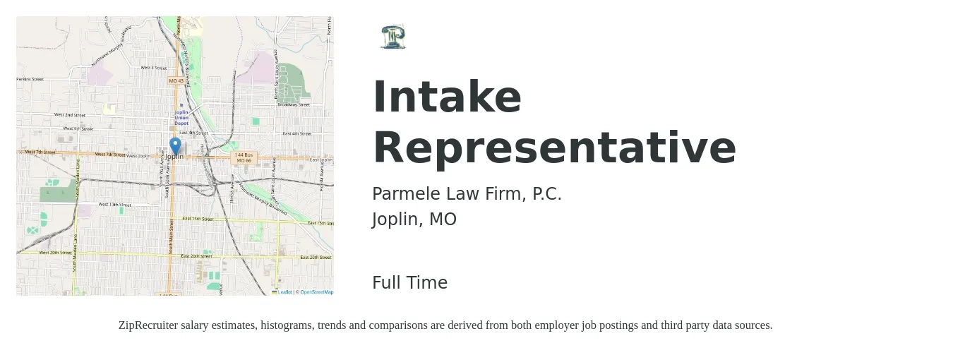 Parmele Law Firm, P.C. job posting for a Intake Representative in Joplin, MO with a salary of $33,500 to $38,400 Yearly with a map of Joplin location.