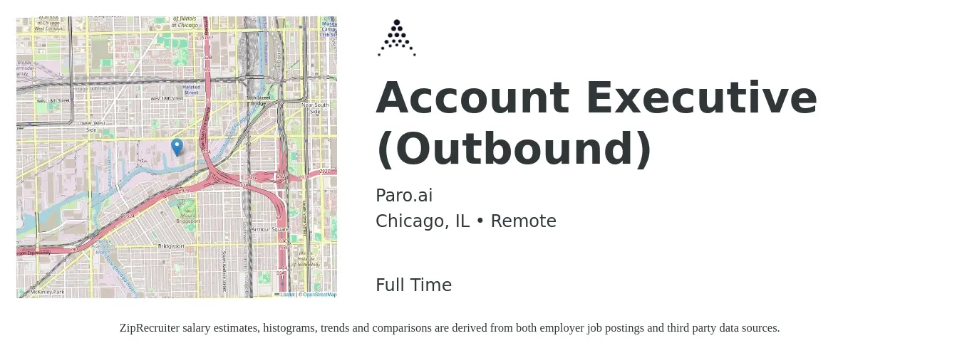 Paro.ai job posting for a Account Executive (Outbound) in Chicago, IL with a salary of $55,600 to $97,900 Yearly with a map of Chicago location.