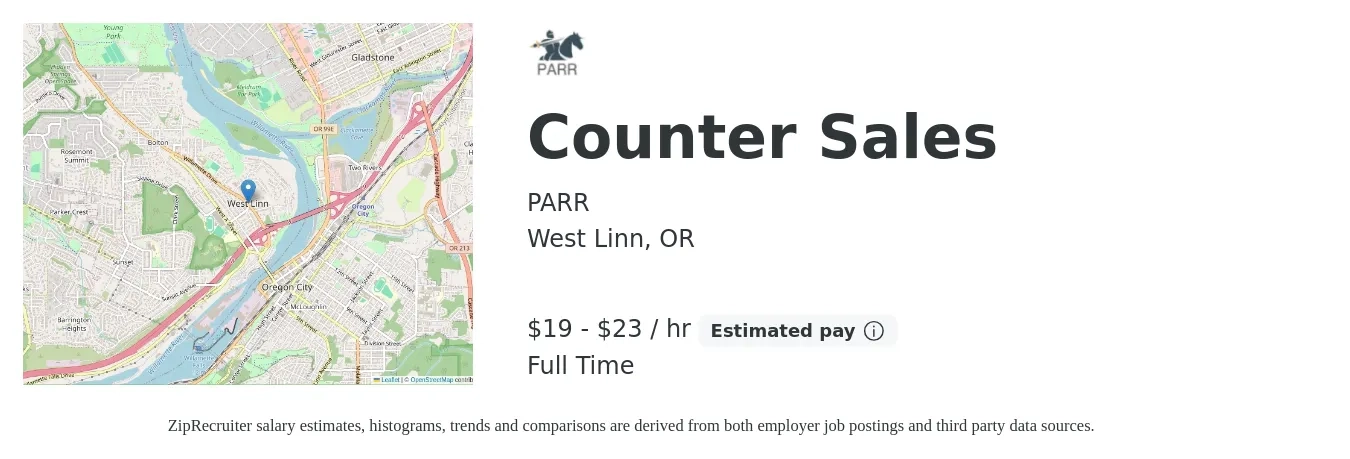 PARR job posting for a Counter Sales in West Linn, OR with a salary of $20 to $24 Hourly with a map of West Linn location.