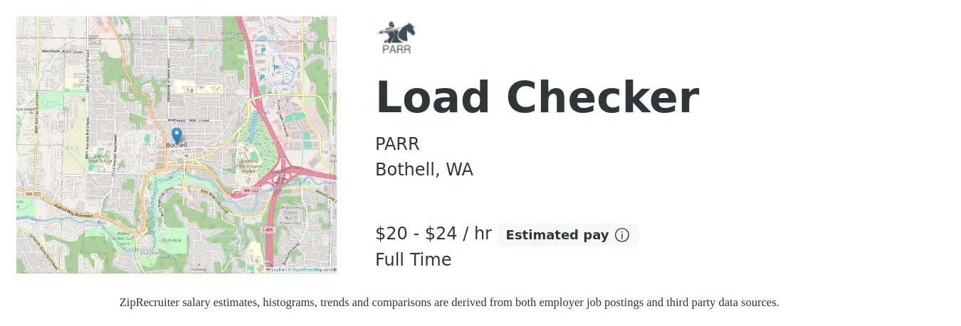 PARR job posting for a Load Checker in Bothell, WA with a salary of $21 to $25 Hourly with a map of Bothell location.