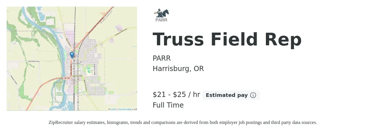 PARR job posting for a Truss Field Rep in Harrisburg, OR with a salary of $22 to $26 Hourly with a map of Harrisburg location.