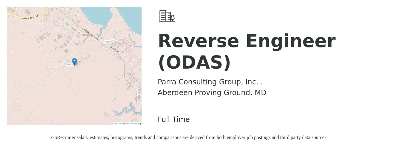 Parra Consulting Group, Inc. . job posting for a Reverse Engineer (ODAS) in Aberdeen Proving Ground, MD with a salary of $95,200 to $190,500 Yearly with a map of Aberdeen Proving Ground location.