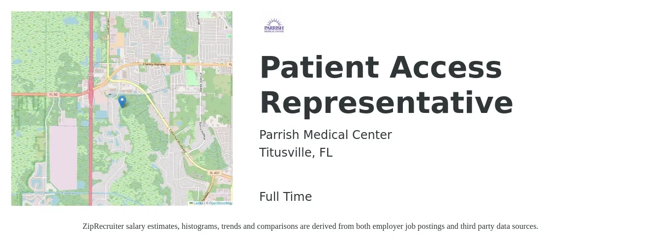 Parrish Medical Center job posting for a Patient Access Representative in Titusville, FL with a salary of $15 to $19 Hourly with a map of Titusville location.