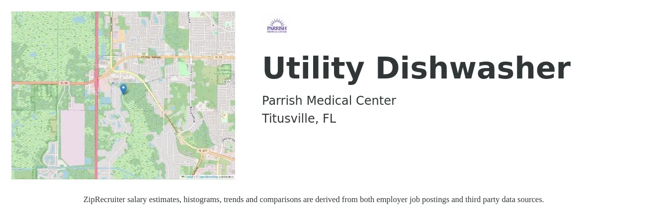 Parrish Medical Center job posting for a Utility Dishwasher in Titusville, FL with a salary of $11 to $14 Hourly with a map of Titusville location.