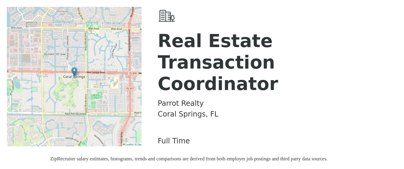 Parrot Realty job posting for a Real Estate Transaction Coordinator in Coral Springs, FL with a salary of $50,000 Yearly with a map of Coral Springs location.