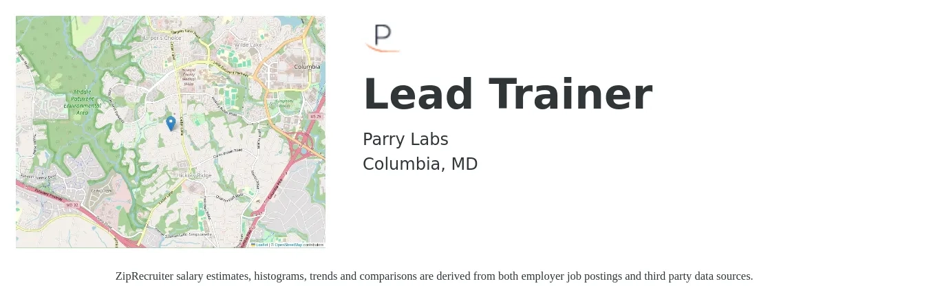 Parry Labs job posting for a Lead Trainer in Columbia, MD with a salary of $21 to $32 Hourly with a map of Columbia location.