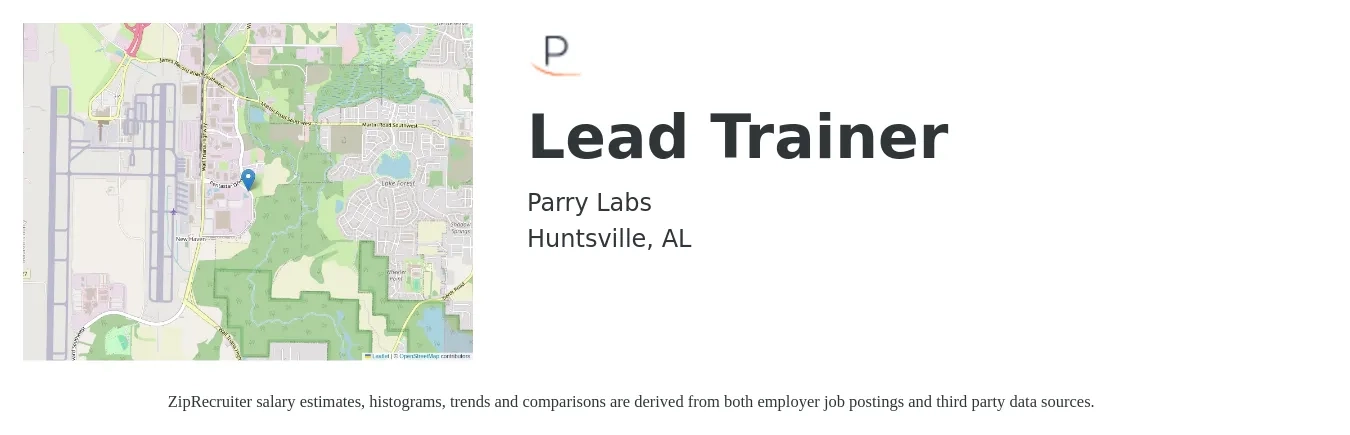 Parry Labs job posting for a Lead Trainer in Huntsville, AL with a salary of $20 to $31 Hourly with a map of Huntsville location.