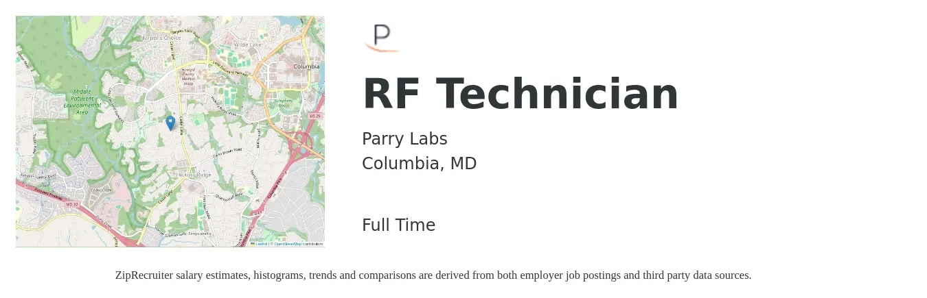 Parry Labs job posting for a RF Technician in Columbia, MD with a salary of $26 to $40 Hourly with a map of Columbia location.