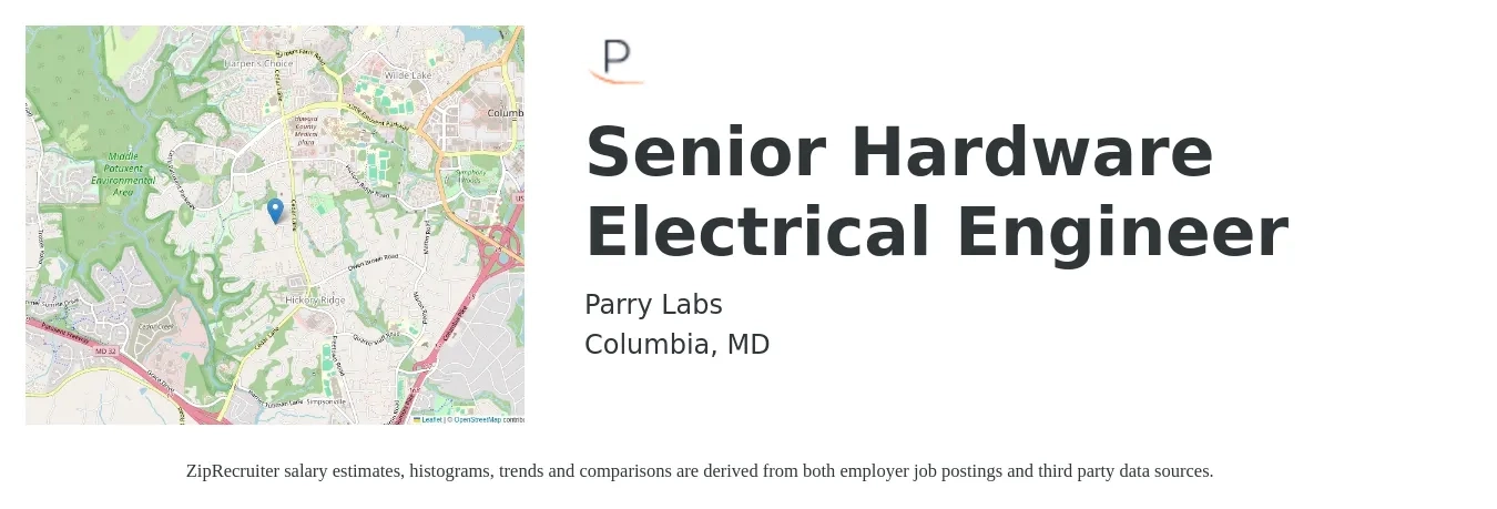 Parry Labs job posting for a Senior Hardware Electrical Engineer in Columbia, MD with a salary of $107,900 to $140,500 Yearly with a map of Columbia location.