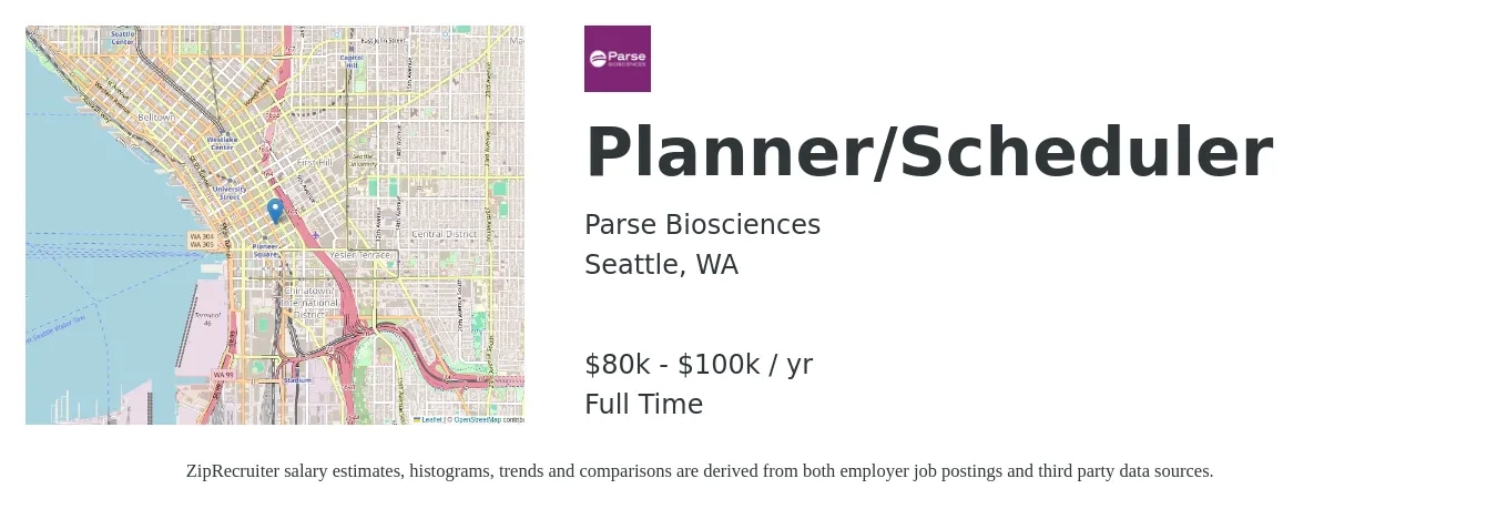 Parse Biosciences job posting for a Planner/Scheduler in Seattle, WA with a salary of $80,000 to $100,000 Yearly with a map of Seattle location.