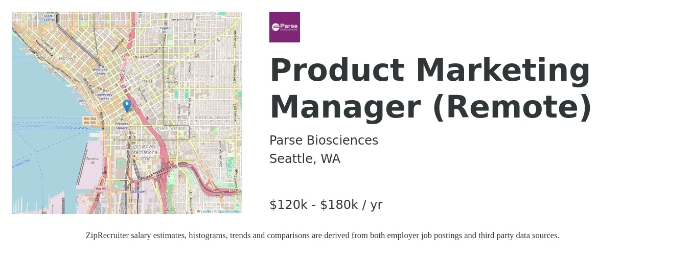 Parse Biosciences job posting for a Product Marketing Manager (Remote) in Seattle, WA with a salary of $120,000 to $180,000 Yearly with a map of Seattle location.