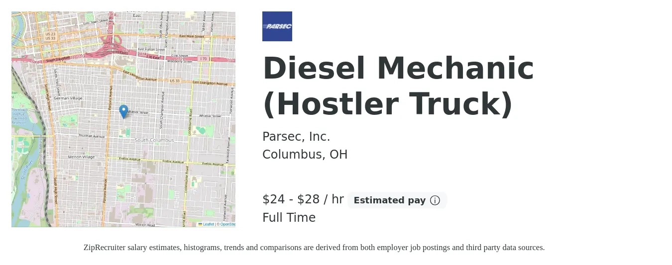 Parsec, Inc. job posting for a Diesel Mechanic (Hostler Truck) in Columbus, OH with a salary of $25 to $30 Hourly with a map of Columbus location.
