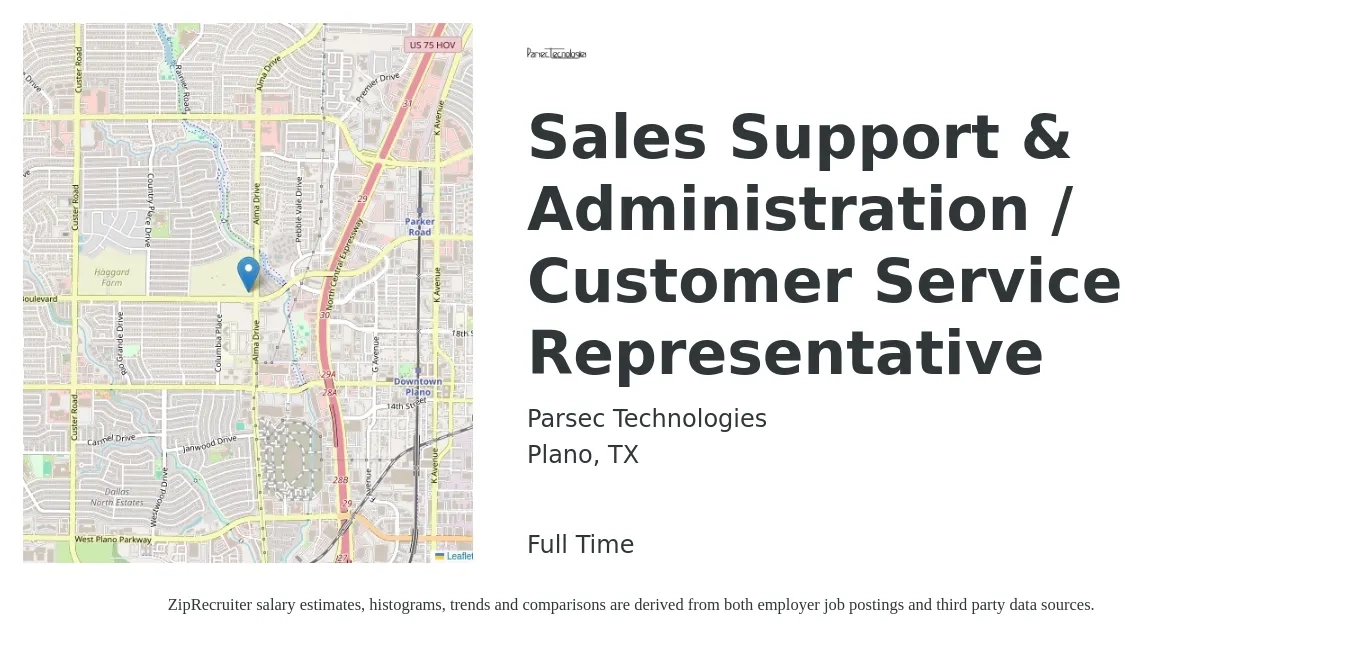 Parsec Technologies job posting for a Sales Support & Administration / Customer Service Representative in Plano, TX with a salary of $17 to $26 Hourly with a map of Plano location.
