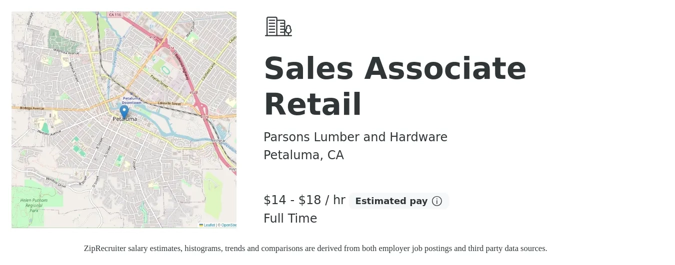 Parsons Lumber and Hardware job posting for a Sales Associate Retail in Petaluma, CA with a salary of $15 to $19 Hourly with a map of Petaluma location.