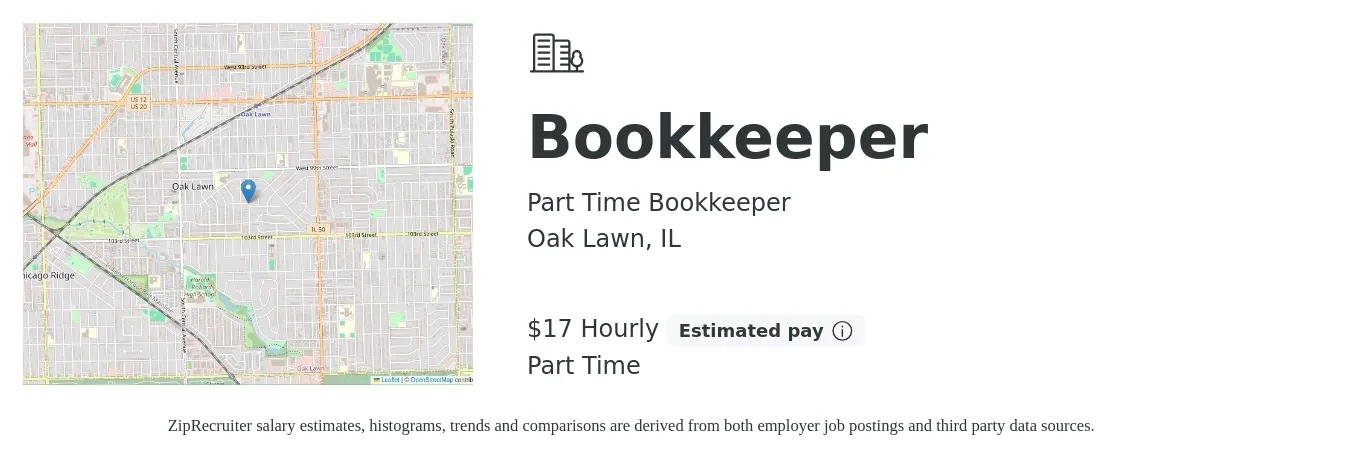 Part Time Bookkeeper job posting for a Bookkeeper in Oak Lawn, IL with a salary of $18 Hourly and benefits including retirement with a map of Oak Lawn location.