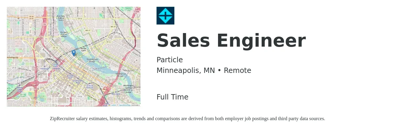 Particle job posting for a Sales Engineer in Minneapolis, MN with a salary of $78,300 to $117,400 Yearly with a map of Minneapolis location.