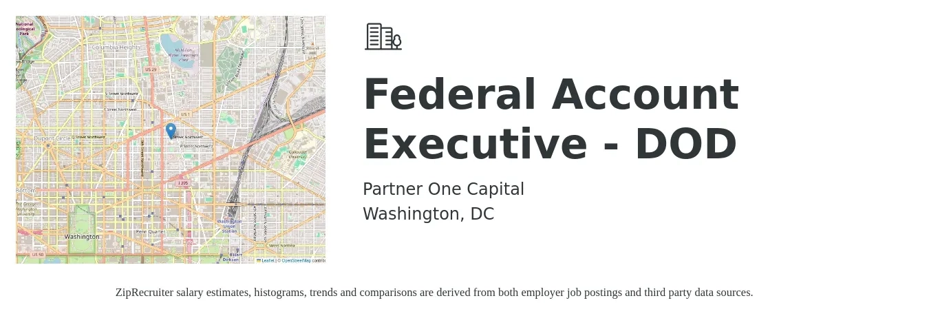 Partner One Capital job posting for a Federal Account Executive - DOD in Washington, DC with a salary of $61,200 to $107,600 Yearly with a map of Washington location.