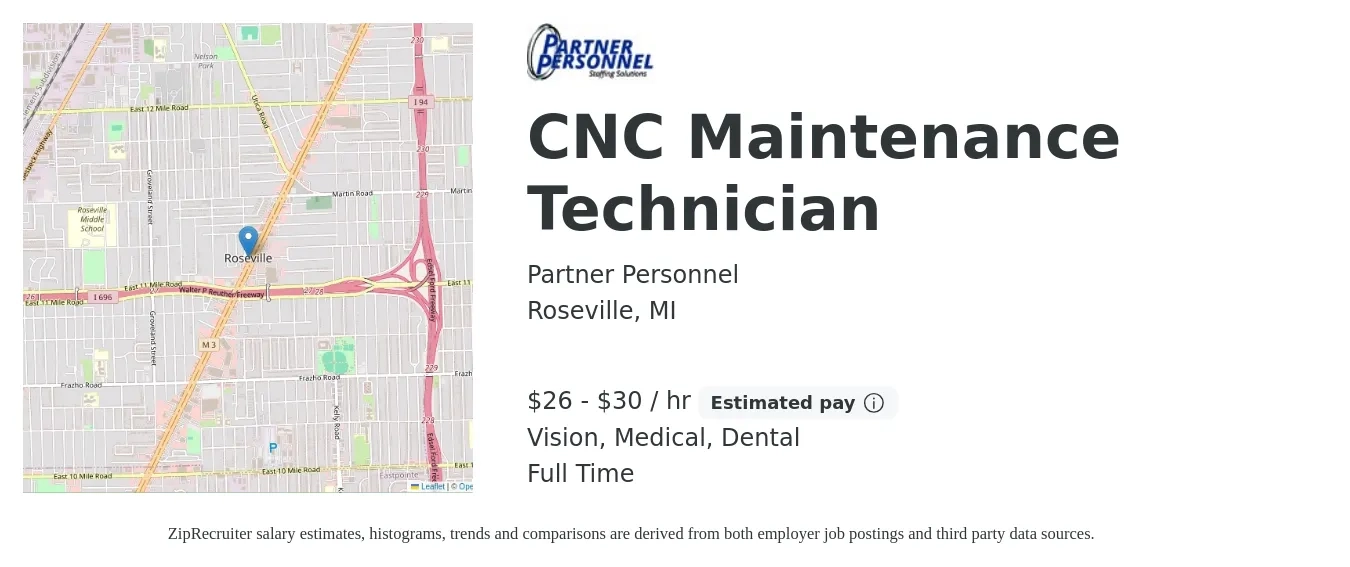 Partner Personnel job posting for a CNC Maintenance Technician in Roseville, MI with a salary of $28 to $32 Hourly and benefits including medical, vision, and dental with a map of Roseville location.