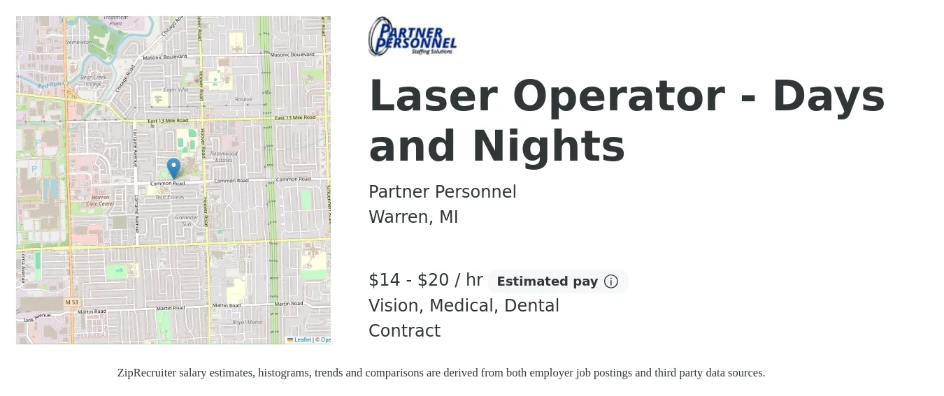 Partner Personnel job posting for a Laser Operator - Days and Nights in Warren, MI with a salary of $15 to $21 Hourly and benefits including medical, vision, and dental with a map of Warren location.