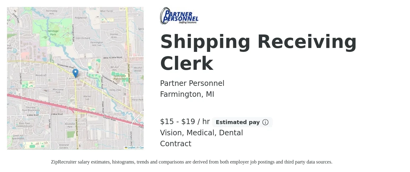 Partner Personnel job posting for a Shipping Receiving Clerk in Farmington, MI with a salary of $16 to $20 Hourly and benefits including vision, dental, and medical with a map of Farmington location.