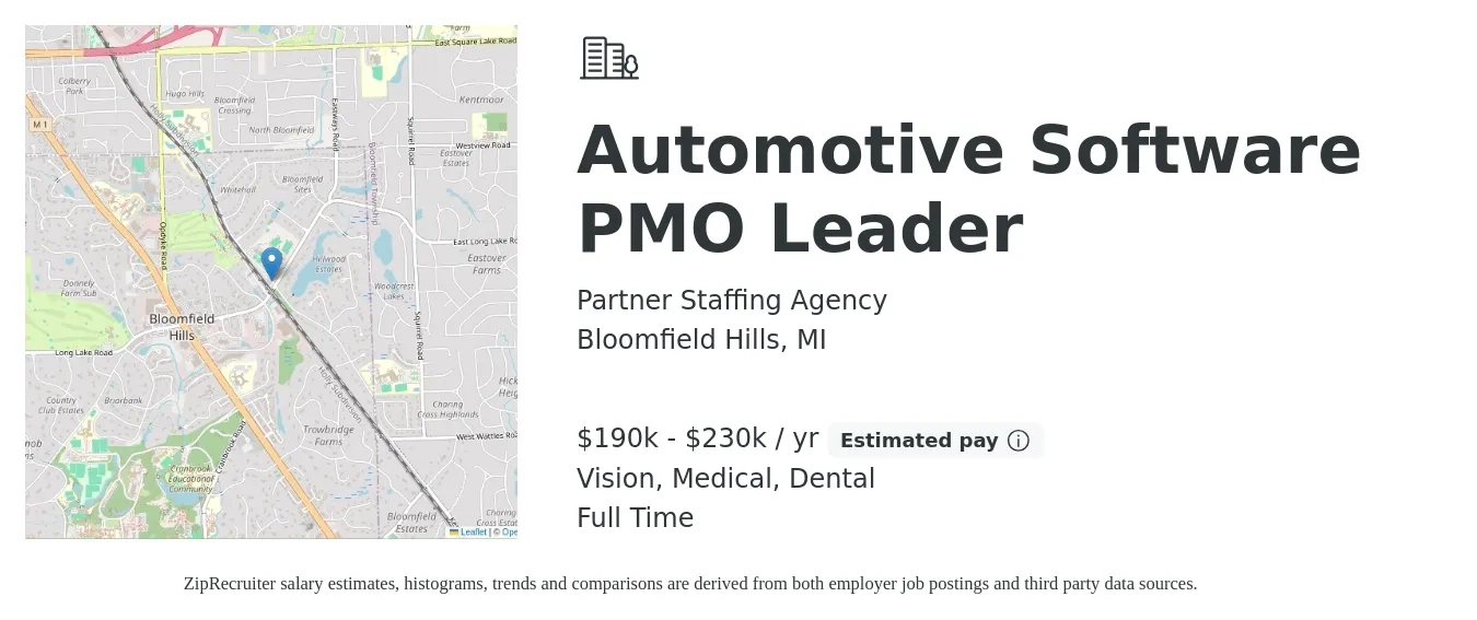 Partner Staffing Agency job posting for a Automotive Software PMO Leader in Bloomfield Hills, MI with a salary of $190,000 to $230,000 Yearly and benefits including dental, life_insurance, medical, pto, retirement, and vision with a map of Bloomfield Hills location.