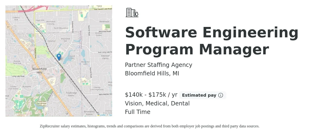 Partner Staffing Agency job posting for a Software Engineering Program Manager in Bloomfield Hills, MI with a salary of $140,000 to $175,000 Yearly and benefits including medical, pto, retirement, vision, dental, and life_insurance with a map of Bloomfield Hills location.