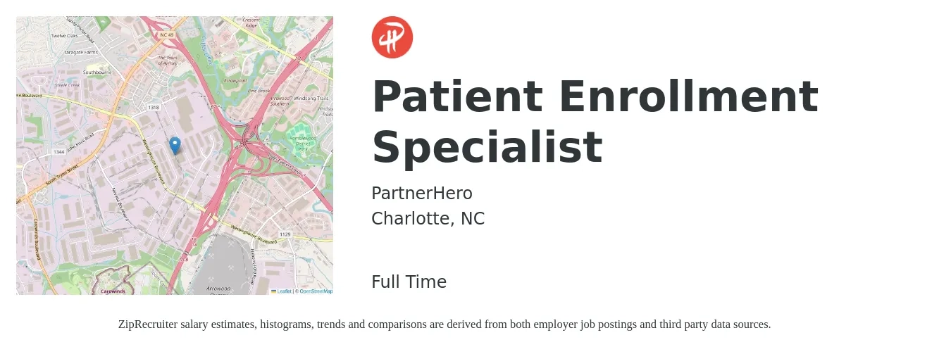 PartnerHero job posting for a Patient Enrollment Specialist in Charlotte, NC with a salary of $40,000 to $113,800 Yearly with a map of Charlotte location.
