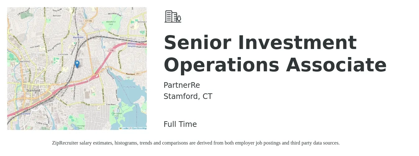 PartnerRe job posting for a Senior Investment Operations Associate in Stamford, CT with a salary of $69,300 to $125,300 Yearly with a map of Stamford location.