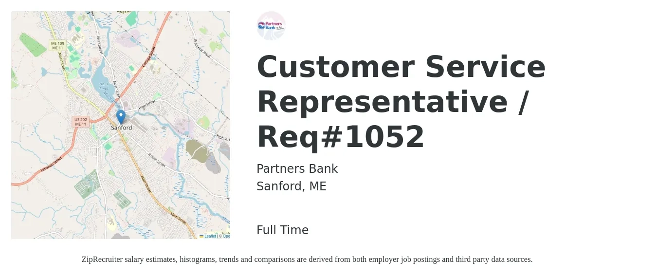 Partners Bank job posting for a Customer Service Representative / Req#1052 in Sanford, ME with a salary of $15 to $21 Hourly with a map of Sanford location.