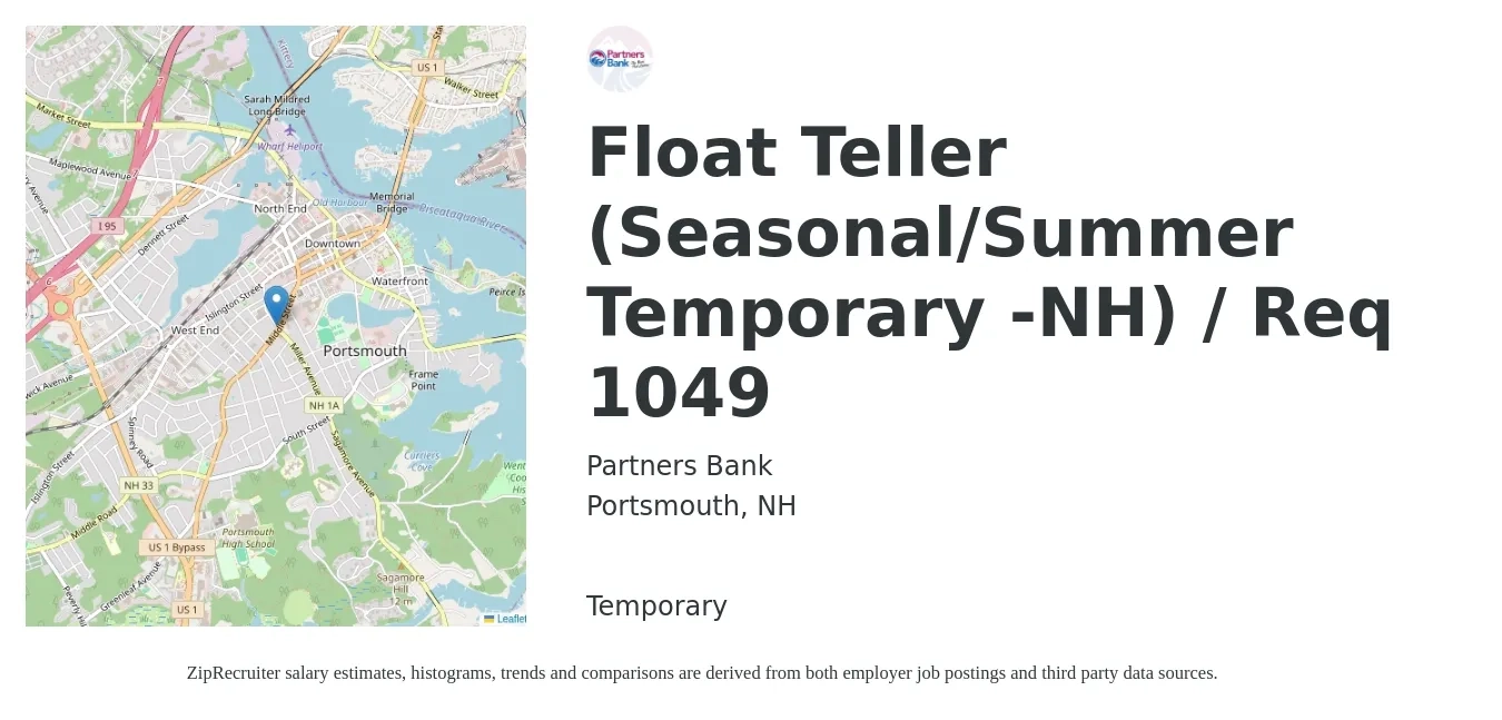 Partners Bank job posting for a Float Teller (Seasonal/Summer Temporary -NH) / Req 1049 in Portsmouth, NH with a salary of $16 to $20 Hourly with a map of Portsmouth location.