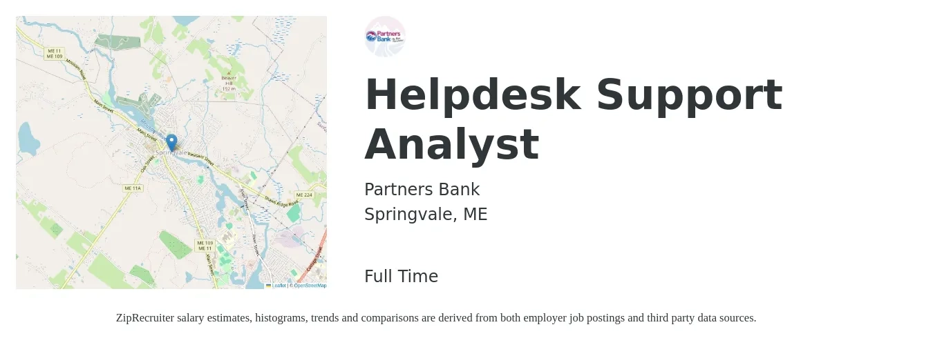 Partners Bank job posting for a Helpdesk Support Analyst in Springvale, ME with a salary of $20 to $27 Hourly with a map of Springvale location.