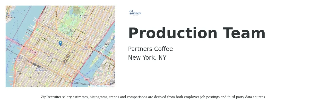 Partners Coffee job posting for a Production Team in New York, NY with a salary of $17 Hourly with a map of New York location.